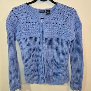 Y2K Blue Crochet Knit Button Cardigan‎ Size Small